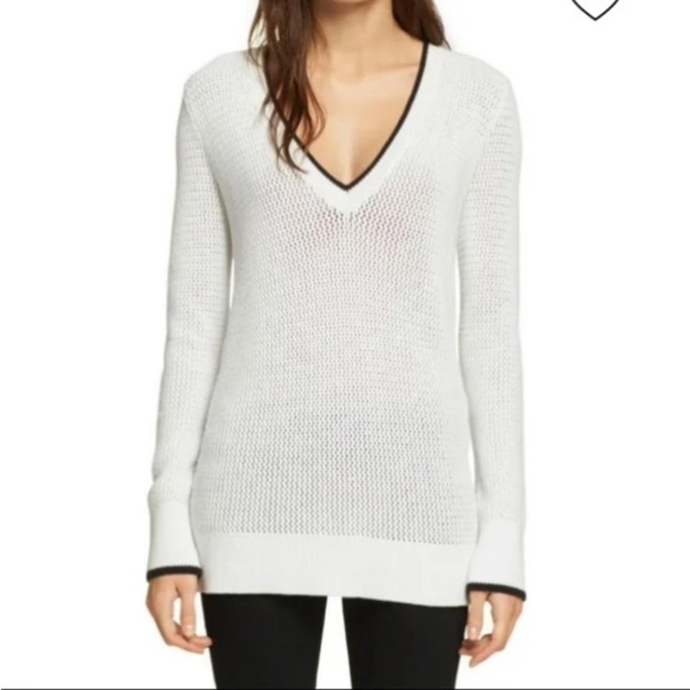 Rag & Bone Elizabeth Open Knit V Neck White Black Contrast Sweater Size Small